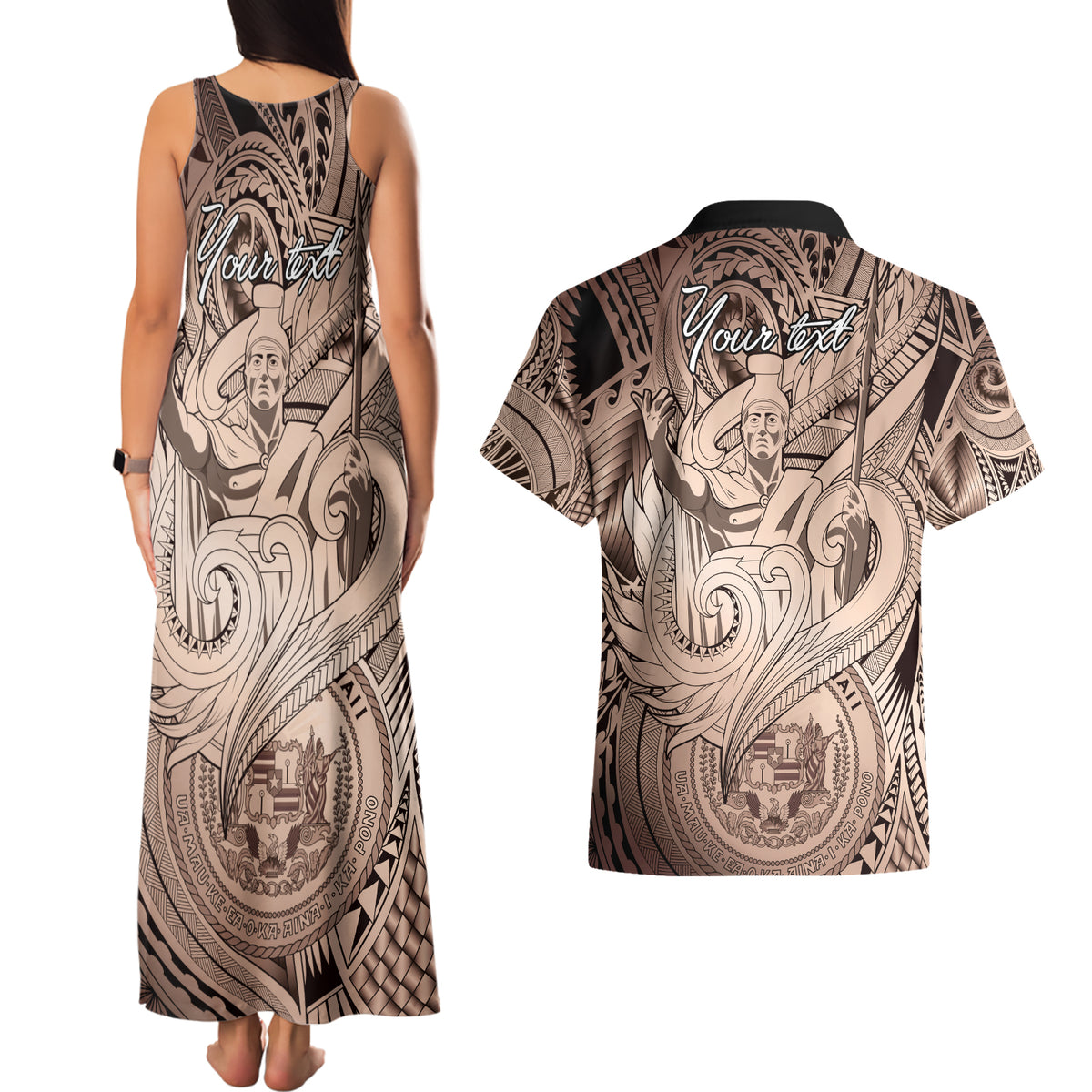 Personalised Aloha King Kamehameha Spirits Couples Matching Tank Maxi Dress and Hawaiian Shirt Beige Special LT9 - Polynesian Pride