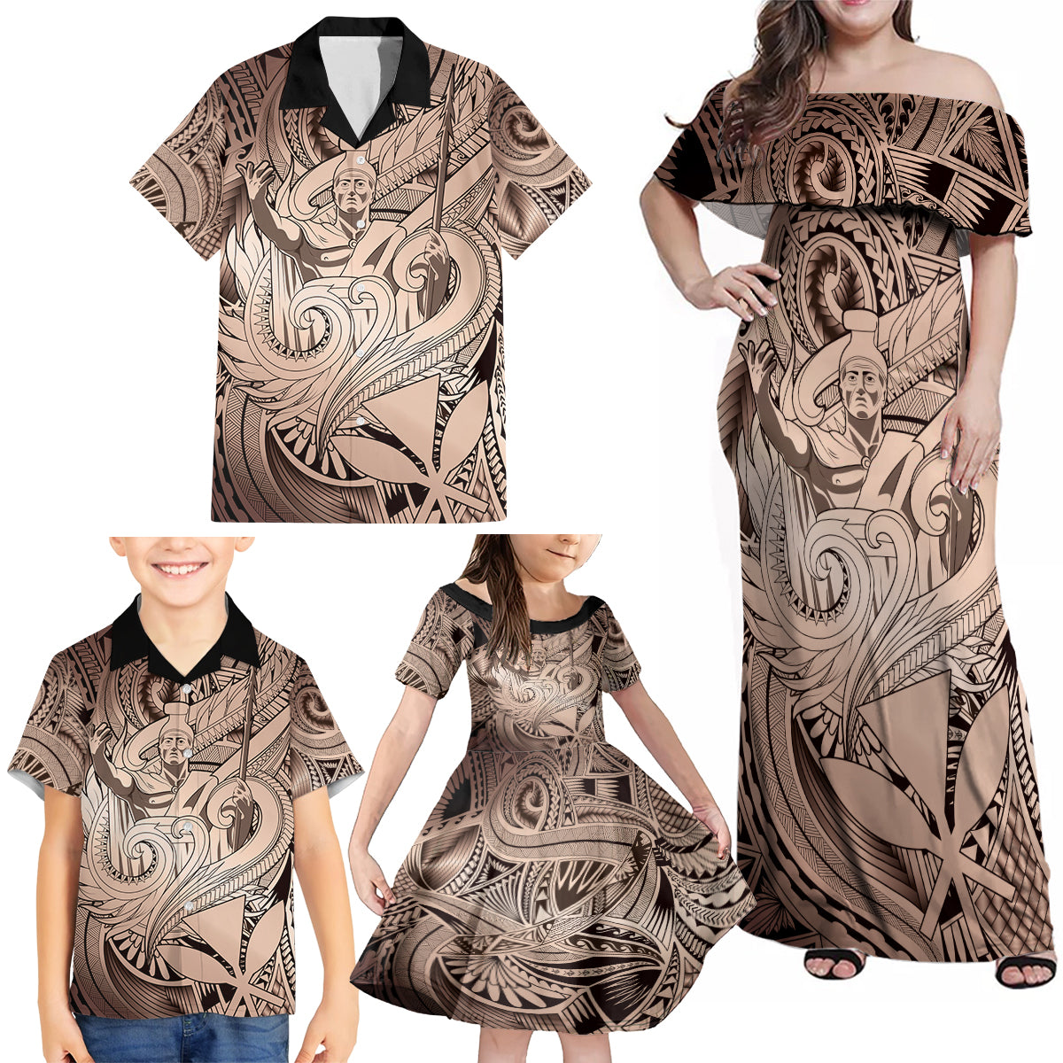 Personalised Aloha King Kamehameha Spirits Family Matching Off Shoulder Maxi Dress and Hawaiian Shirt Beige Special LT9 - Polynesian Pride