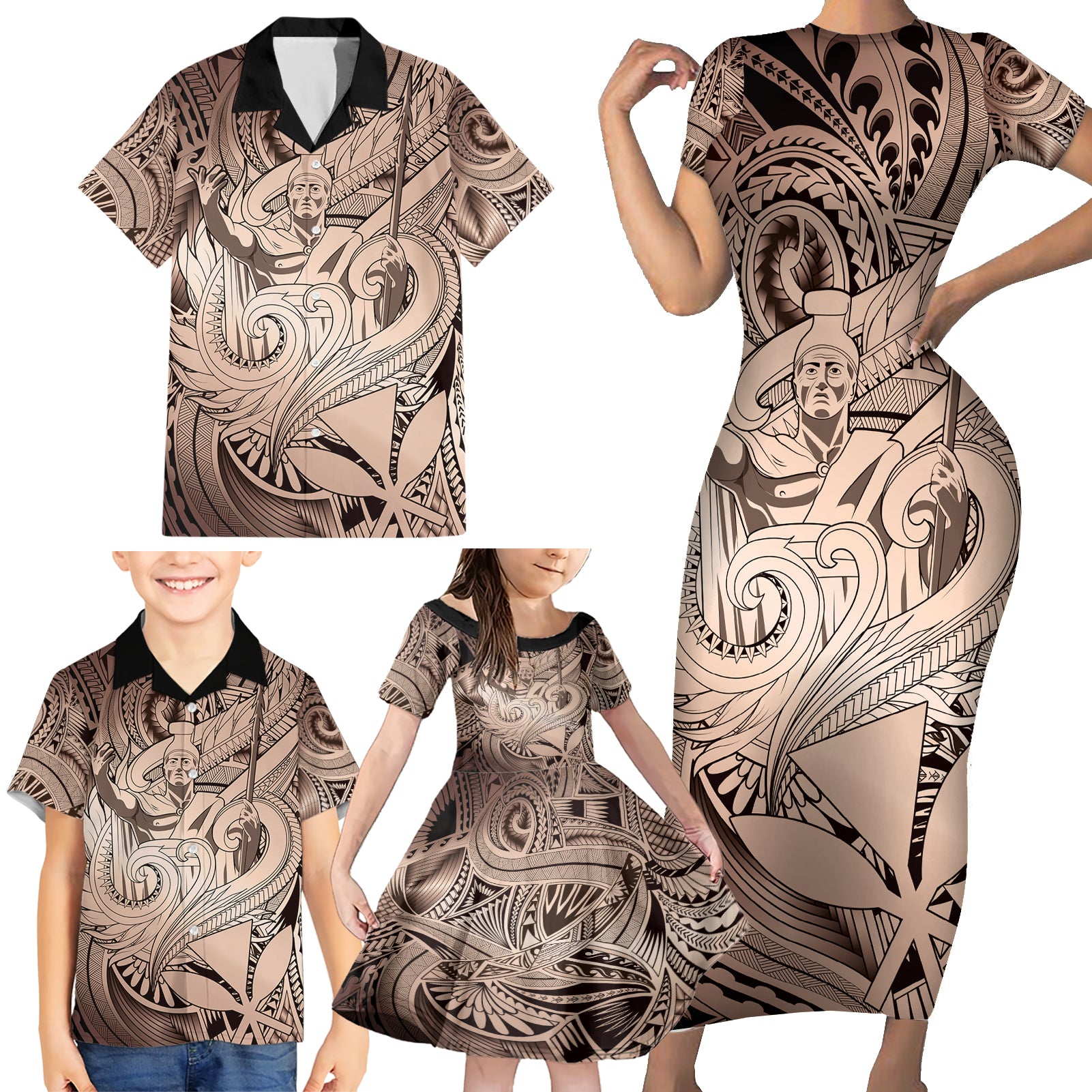 Personalised Aloha King Kamehameha Spirits Family Matching Short Sleeve Bodycon Dress and Hawaiian Shirt Beige Special LT9 - Polynesian Pride