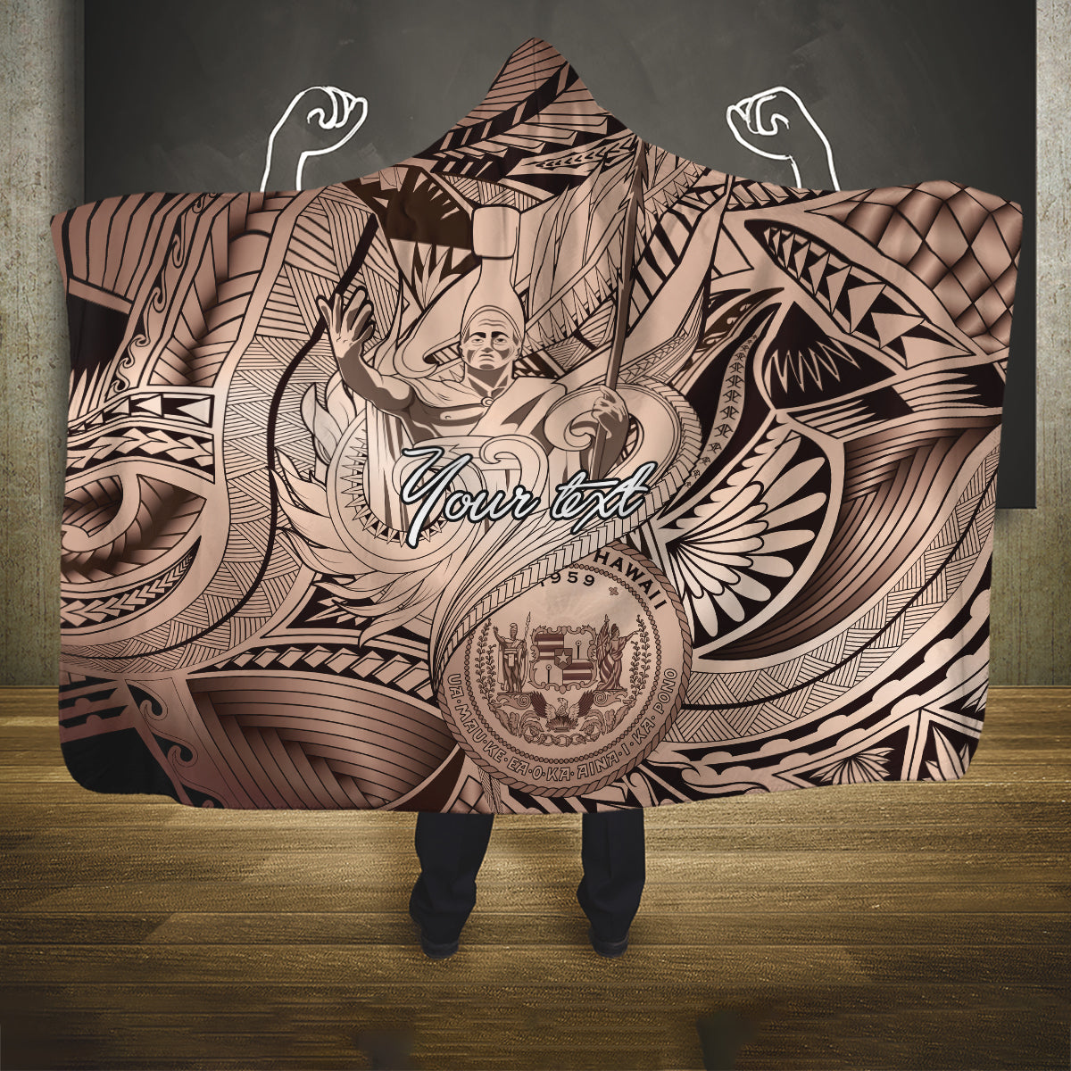 Personalised Aloha King Kamehameha Spirits Hooded Blanket Beige Special LT9 One Size Beige - Polynesian Pride