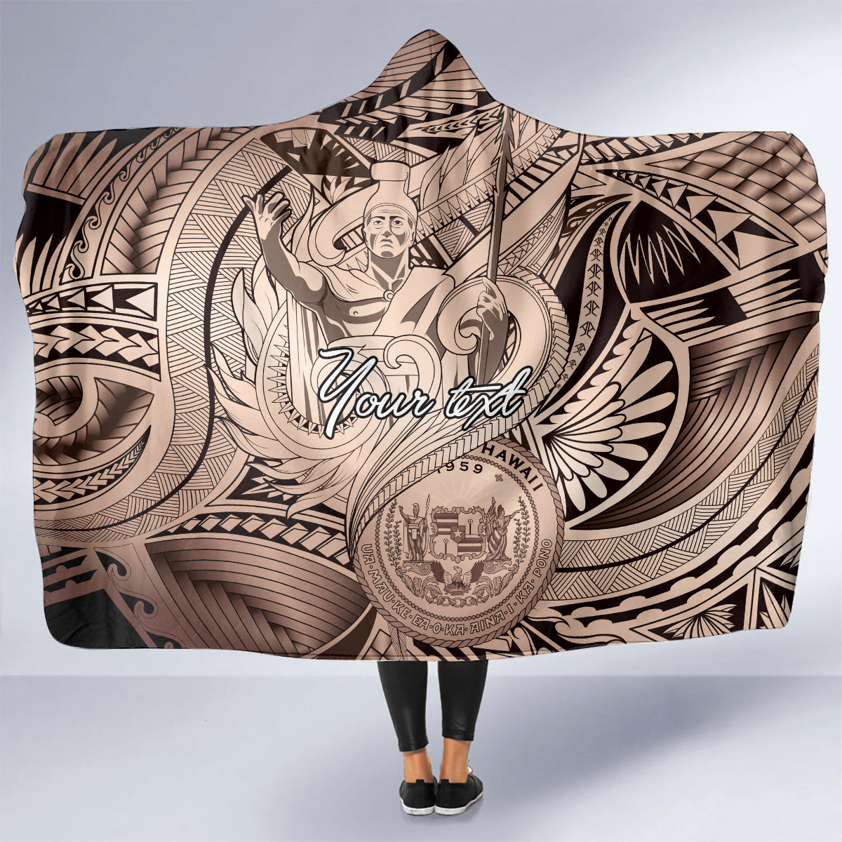 Personalised Aloha King Kamehameha Spirits Hooded Blanket Beige Special LT9 - Polynesian Pride