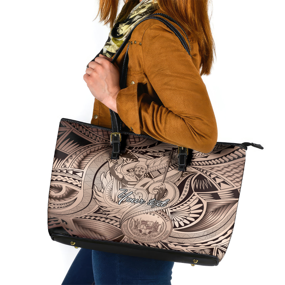 Personalised Aloha King Kamehameha Spirits Leather Tote Bag Beige Special LT9 Beige - Polynesian Pride