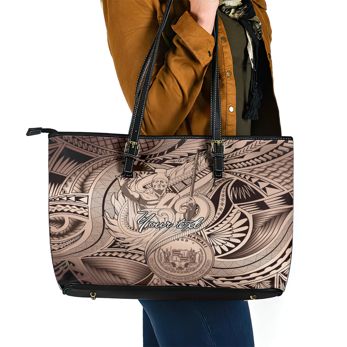 Personalised Aloha King Kamehameha Spirits Leather Tote Bag Beige Special LT9 - Polynesian Pride
