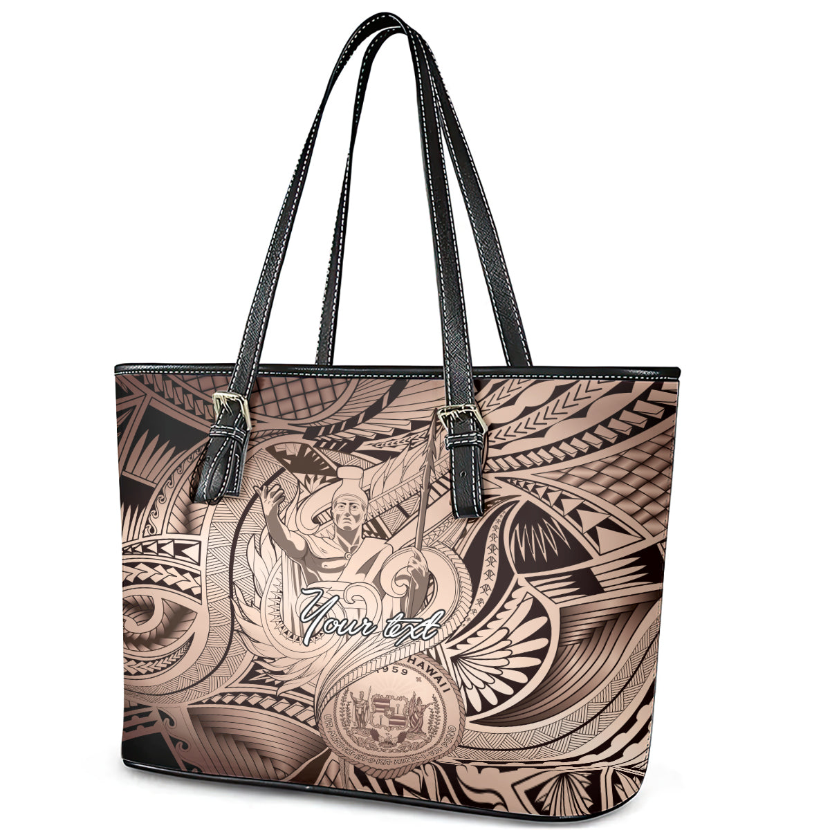 Personalised Aloha King Kamehameha Spirits Leather Tote Bag Beige Special LT9 - Polynesian Pride