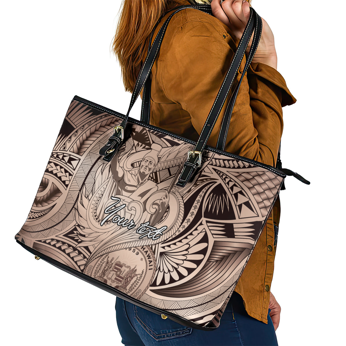 Personalised Aloha King Kamehameha Spirits Leather Tote Bag Beige Special LT9 - Polynesian Pride