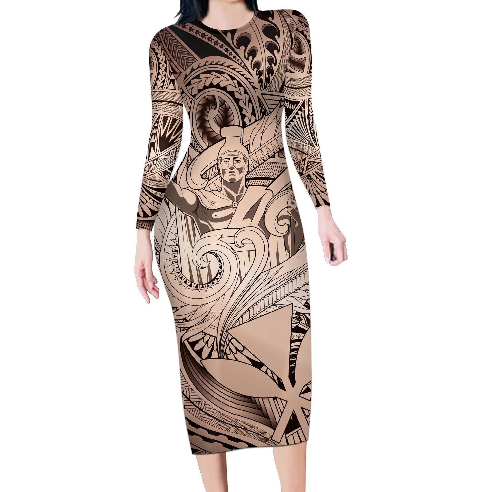 Personalised Aloha King Kamehameha Spirits Long Sleeve Bodycon Dress Beige Special LT9 Long Dress Beige - Polynesian Pride