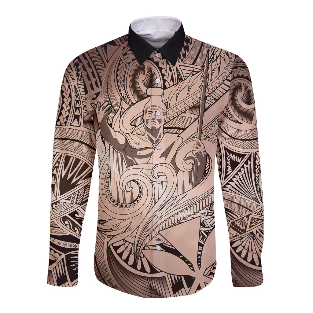 Personalised Aloha King Kamehameha Spirits Long Sleeve Button Shirt Beige Special LT9 Unisex Beige - Polynesian Pride