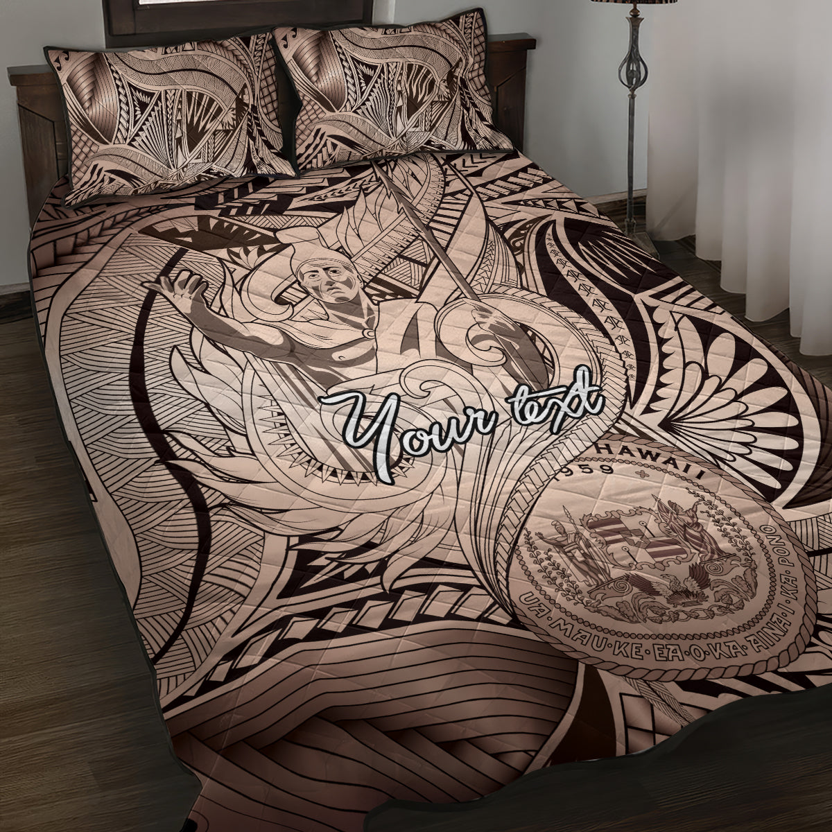 Personalised Aloha King Kamehameha Spirits Quilt Bed Set Beige Special LT9 Beige - Polynesian Pride