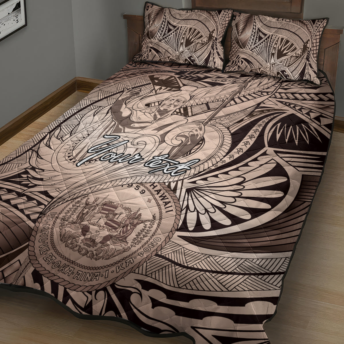 Personalised Aloha King Kamehameha Spirits Quilt Bed Set Beige Special LT9 - Polynesian Pride