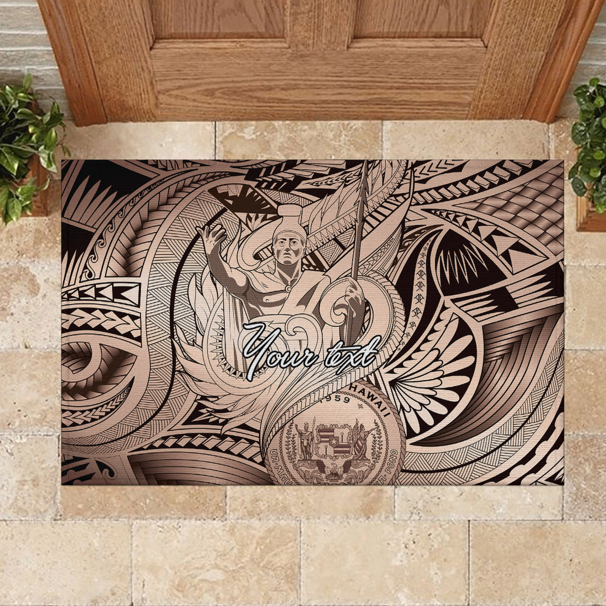 Personalised Aloha King Kamehameha Spirits Rubber Doormat Beige Special LT9 - Polynesian Pride
