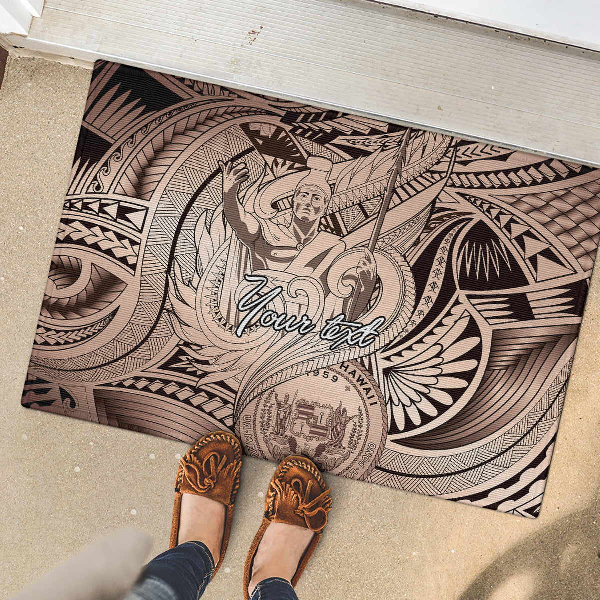 Personalised Aloha King Kamehameha Spirits Rubber Doormat Beige Special LT9 - Polynesian Pride