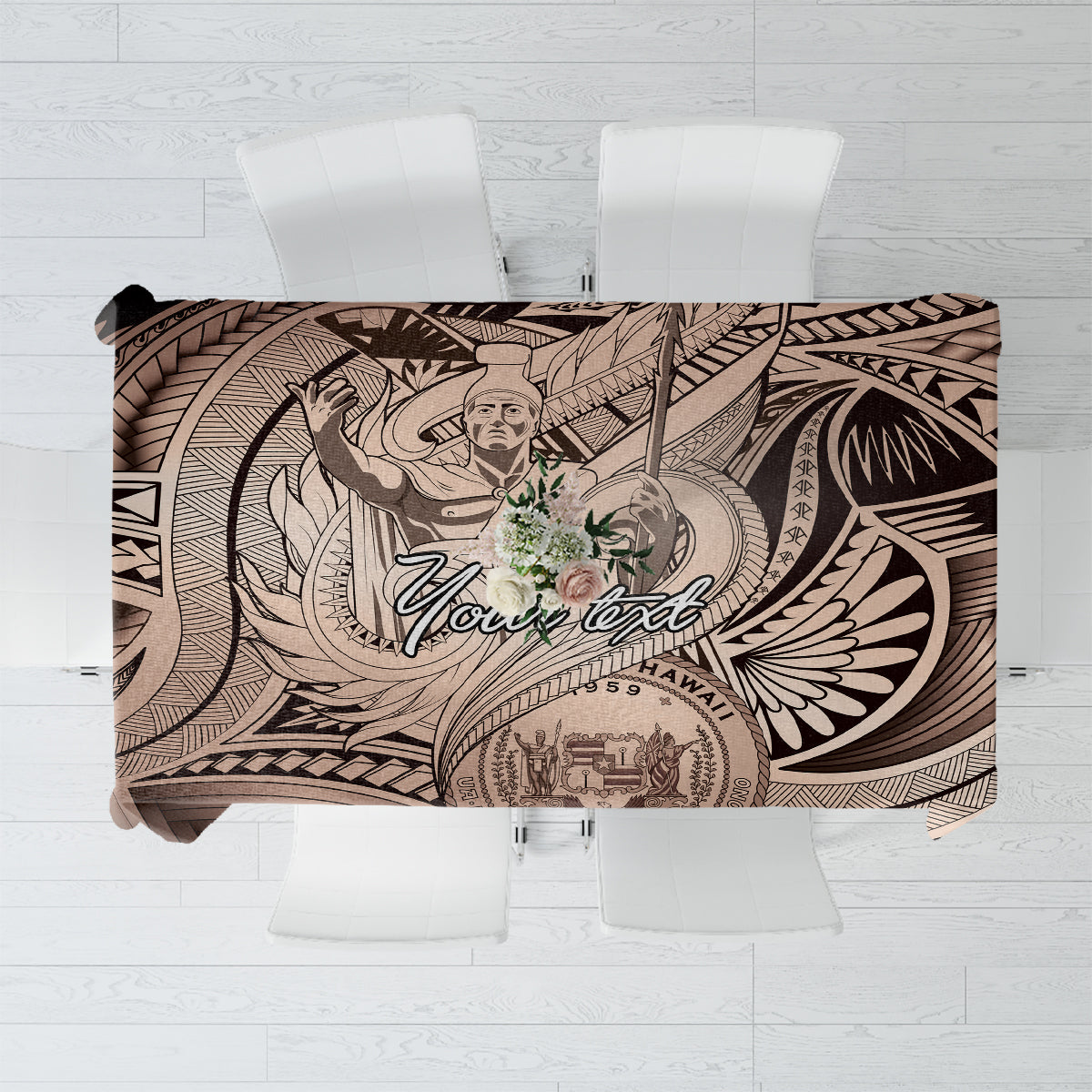Personalised Aloha King Kamehameha Spirits Tablecloth Beige Special LT9 Beige - Polynesian Pride