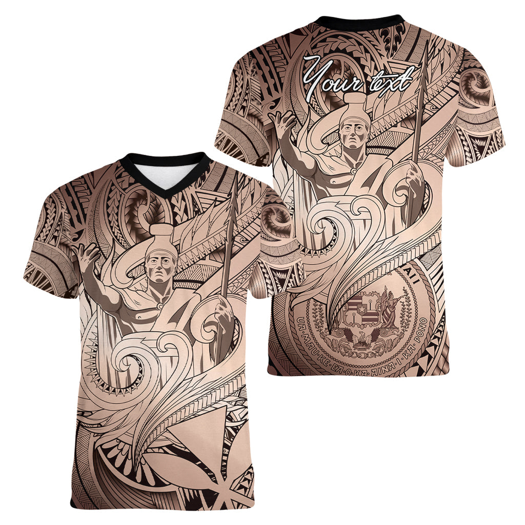 Personalised Aloha King Kamehameha Spirits Women V Neck T Shirt Beige Special LT9 - Polynesian Pride