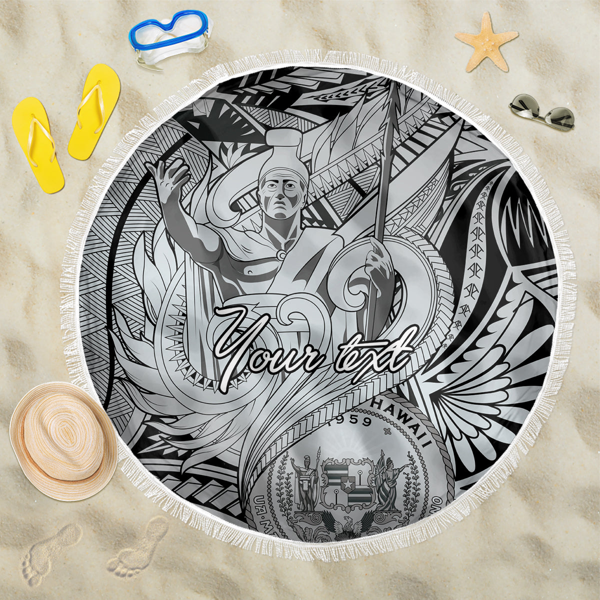 Personalised Aloha King Kamehameha Spirits Beach Blanket Grey Special LT9 One Size 150cm Grey - Polynesian Pride