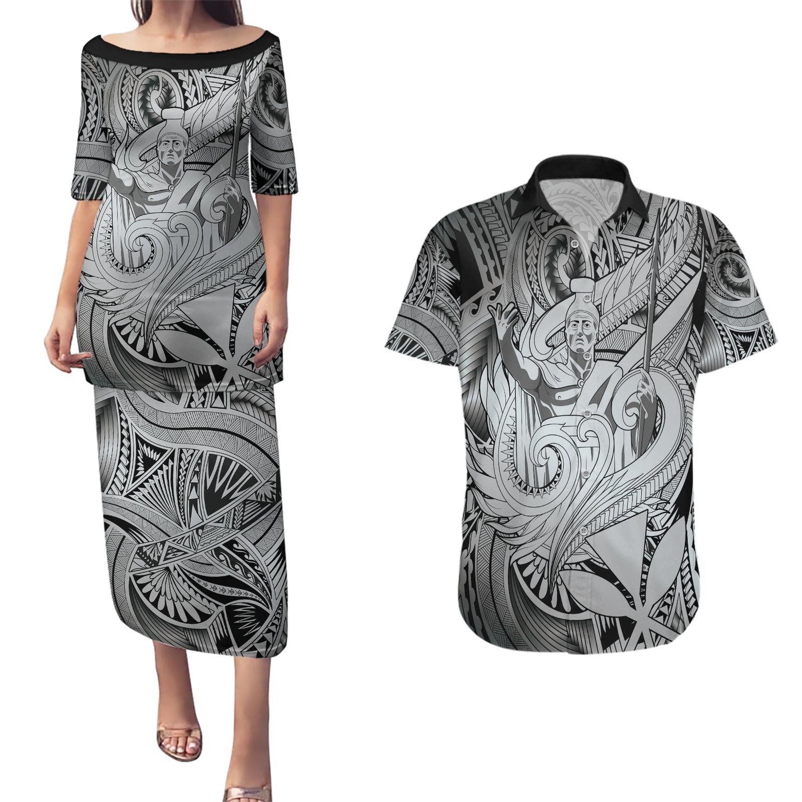 Personalised Aloha King Kamehameha Spirits Couples Matching Puletasi and Hawaiian Shirt Grey Special LT9 Grey - Polynesian Pride