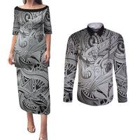 Personalised Aloha King Kamehameha Spirits Couples Matching Puletasi and Long Sleeve Button Shirt Grey Special LT9 Grey - Polynesian Pride