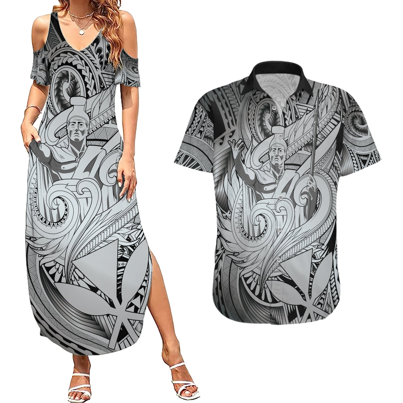 Personalised Aloha King Kamehameha Spirits Couples Matching Summer Maxi Dress and Hawaiian Shirt Grey Special LT9 Grey - Polynesian Pride