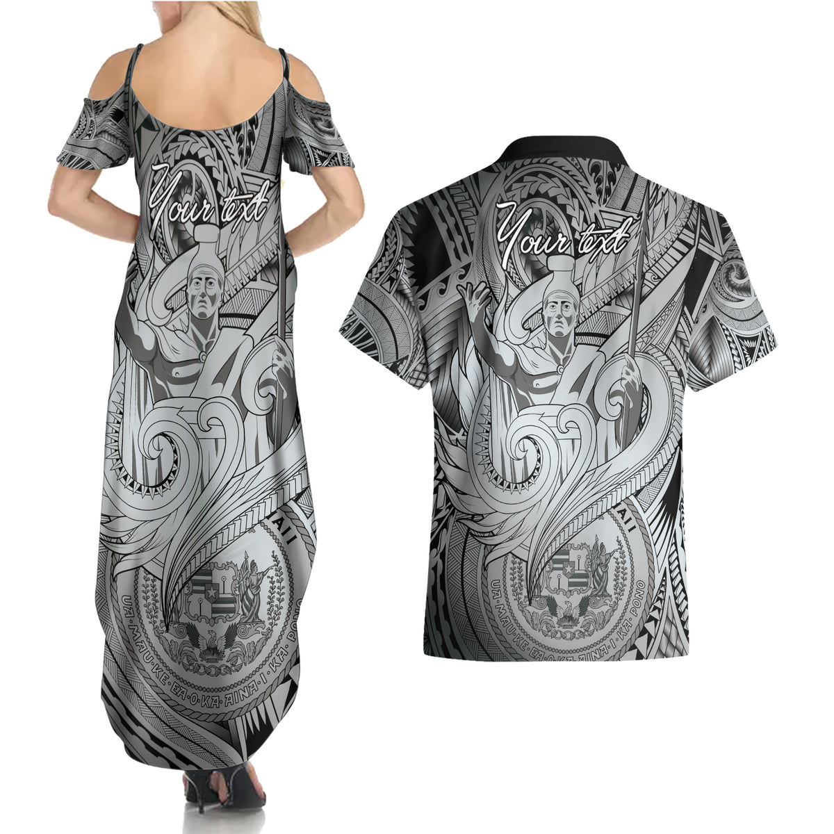 Personalised Aloha King Kamehameha Spirits Couples Matching Summer Maxi Dress and Hawaiian Shirt Grey Special LT9 - Polynesian Pride