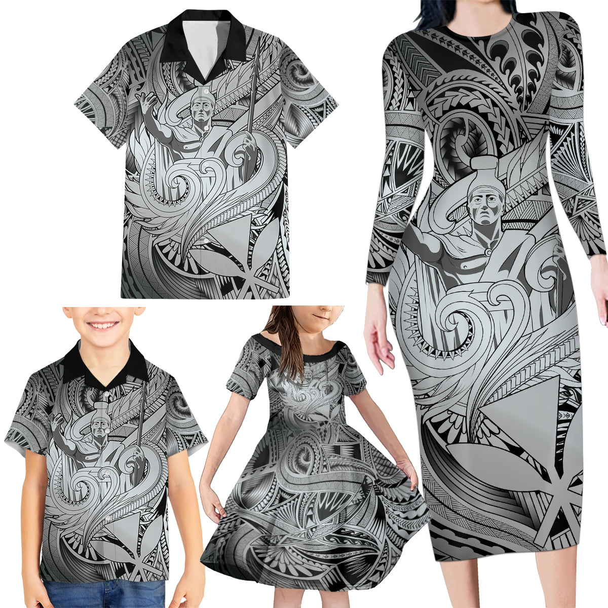 Personalised Aloha King Kamehameha Spirits Family Matching Long Sleeve Bodycon Dress and Hawaiian Shirt Grey Special LT9 - Polynesian Pride