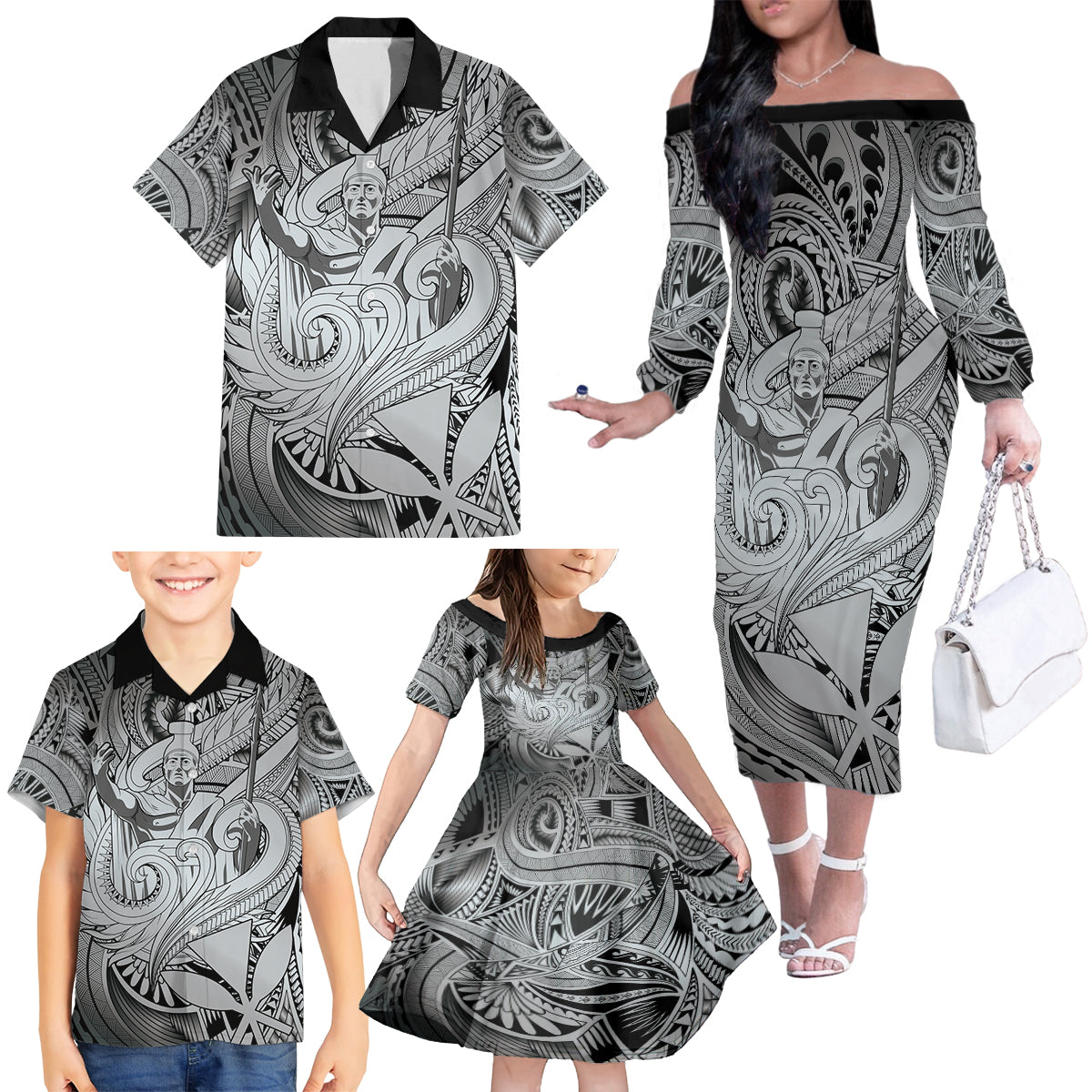 Personalised Aloha King Kamehameha Spirits Family Matching Off Shoulder Long Sleeve Dress and Hawaiian Shirt Grey Special LT9 - Polynesian Pride