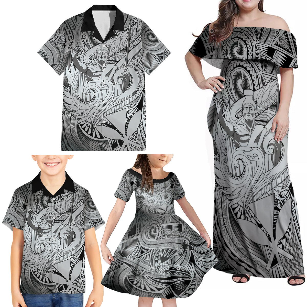 Personalised Aloha King Kamehameha Spirits Family Matching Off Shoulder Maxi Dress and Hawaiian Shirt Grey Special LT9 - Polynesian Pride