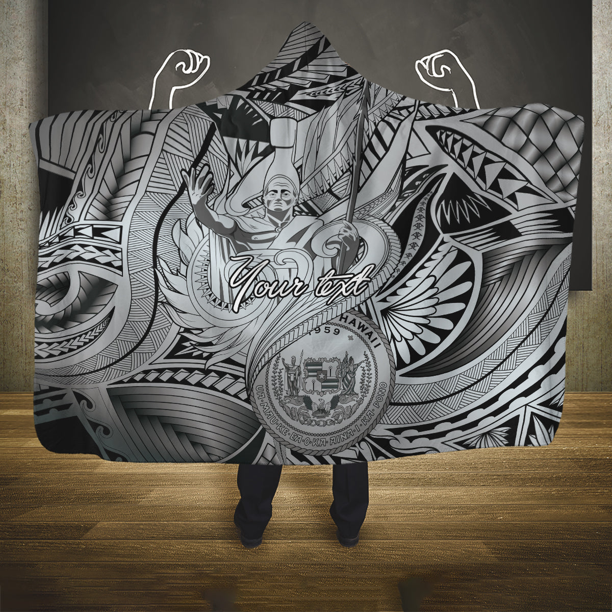 Personalised Aloha King Kamehameha Spirits Hooded Blanket Grey Special LT9 One Size Grey - Polynesian Pride