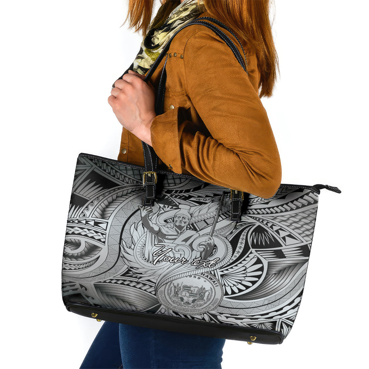 Personalised Aloha King Kamehameha Spirits Leather Tote Bag Grey Special LT9 Grey - Polynesian Pride
