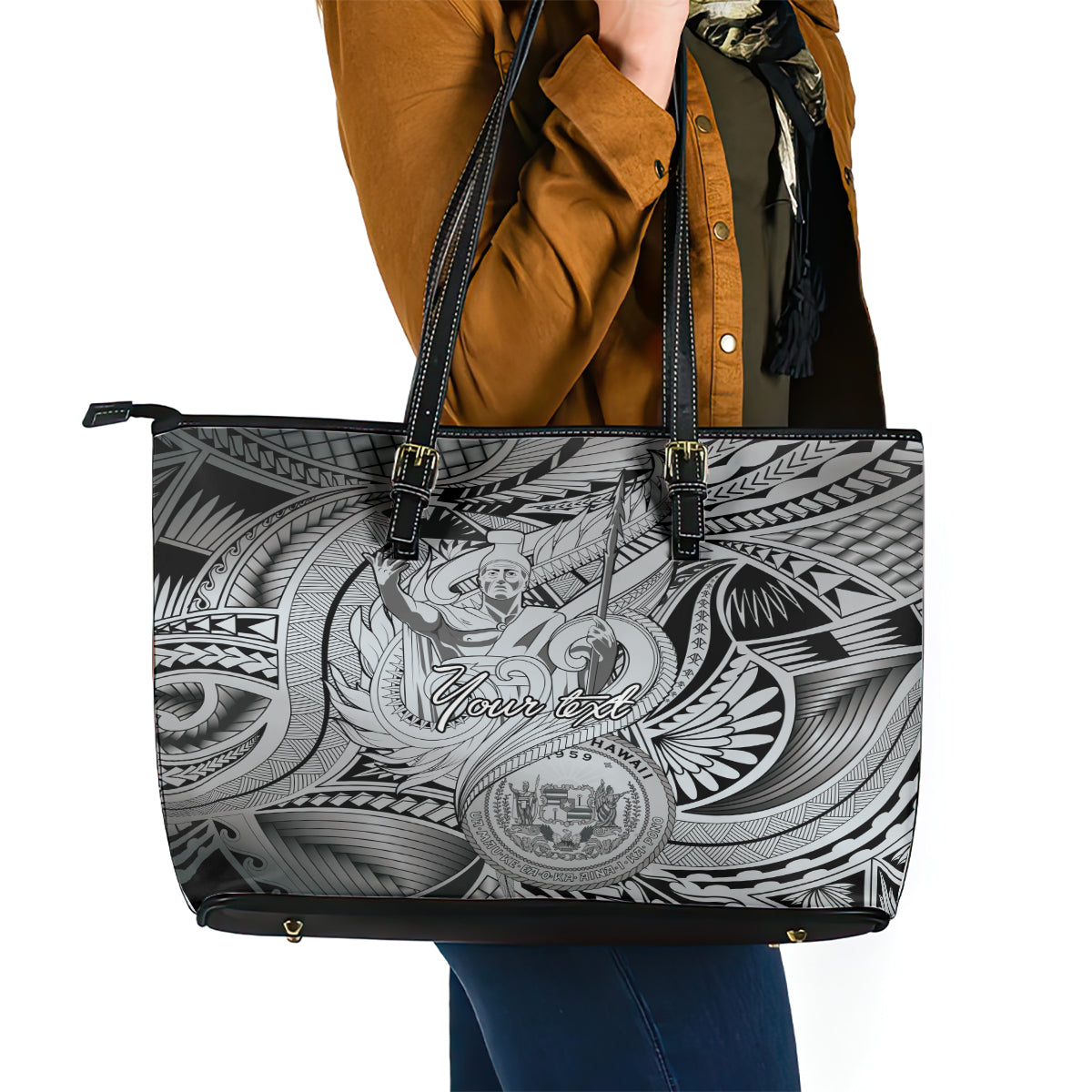 Personalised Aloha King Kamehameha Spirits Leather Tote Bag Grey Special LT9 - Polynesian Pride