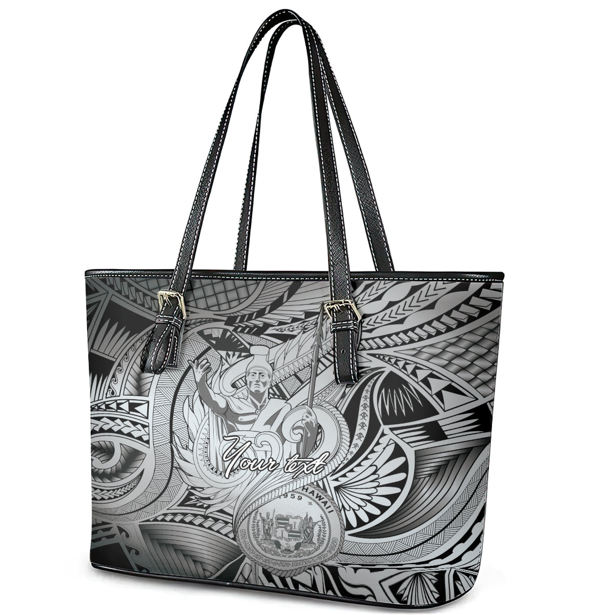 Personalised Aloha King Kamehameha Spirits Leather Tote Bag Grey Special LT9 - Polynesian Pride