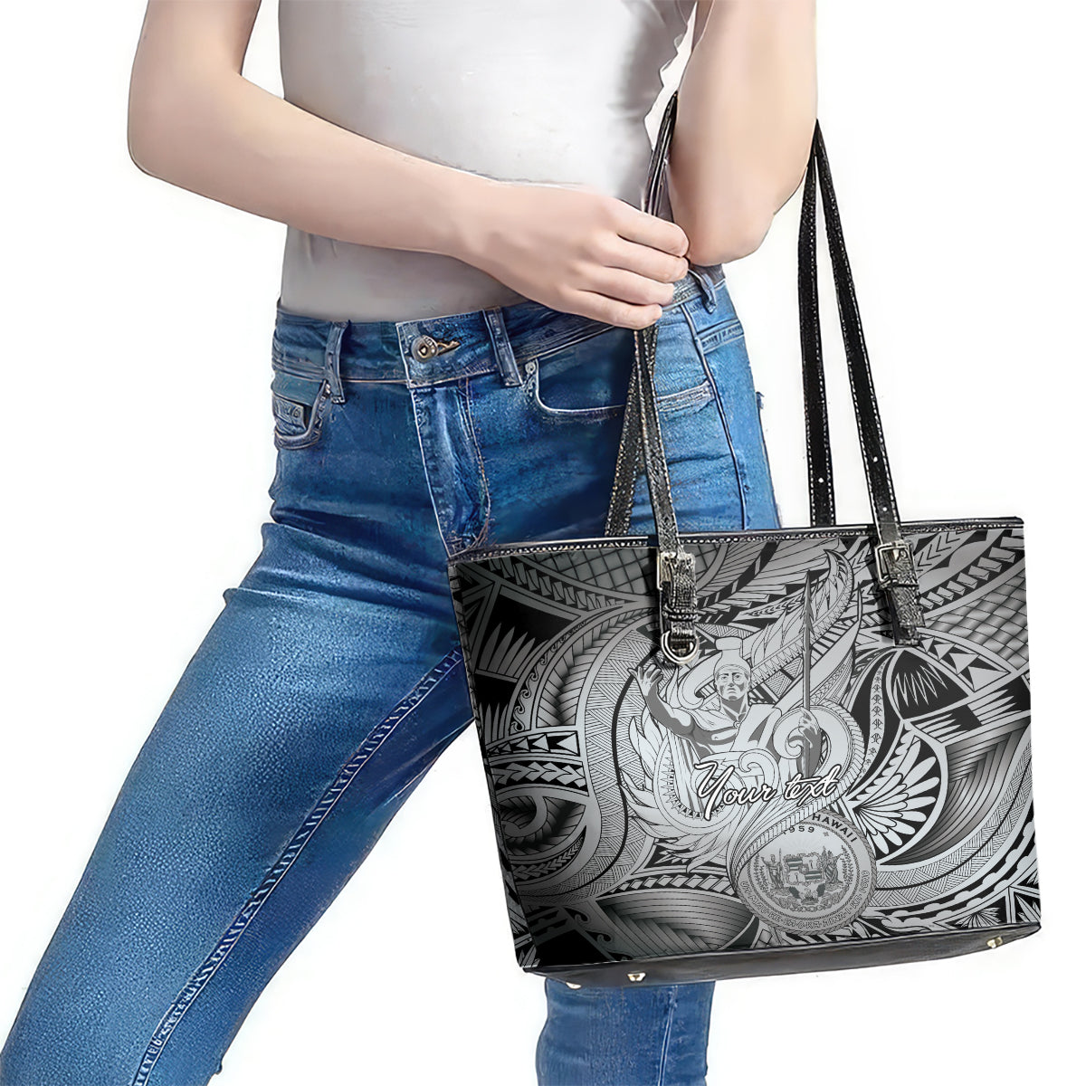 Personalised Aloha King Kamehameha Spirits Leather Tote Bag Grey Special LT9 - Polynesian Pride