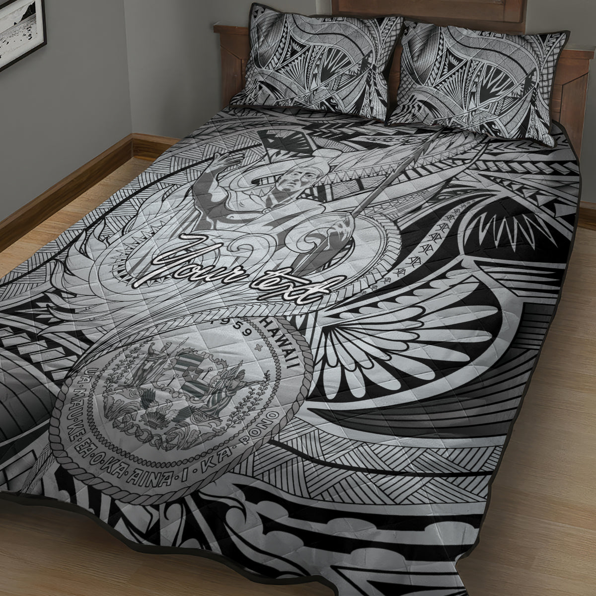 Personalised Aloha King Kamehameha Spirits Quilt Bed Set Grey Special LT9 - Polynesian Pride