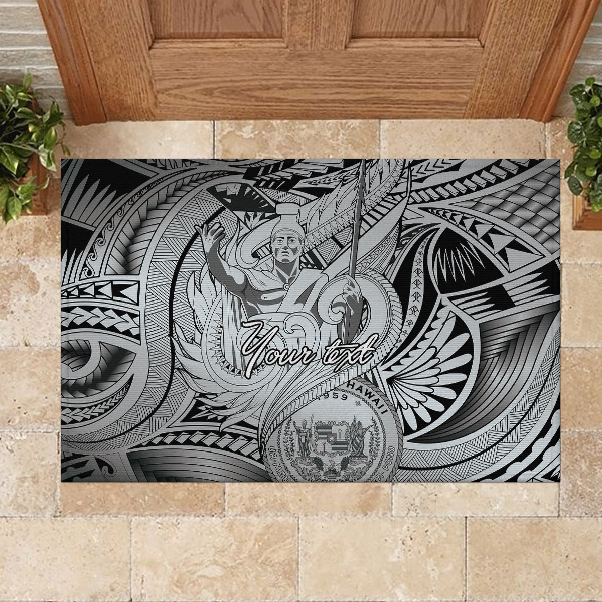 Personalised Aloha King Kamehameha Spirits Rubber Doormat Grey Special LT9 - Polynesian Pride