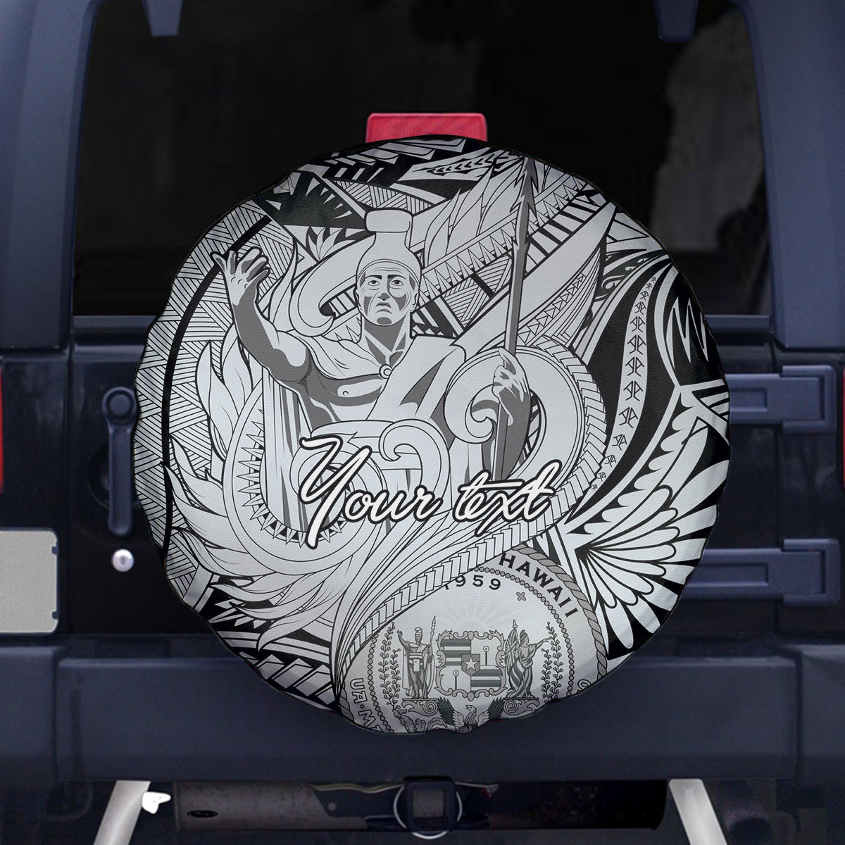 Personalised Aloha King Kamehameha Spirits Spare Tire Cover Grey Special LT9 - Polynesian Pride