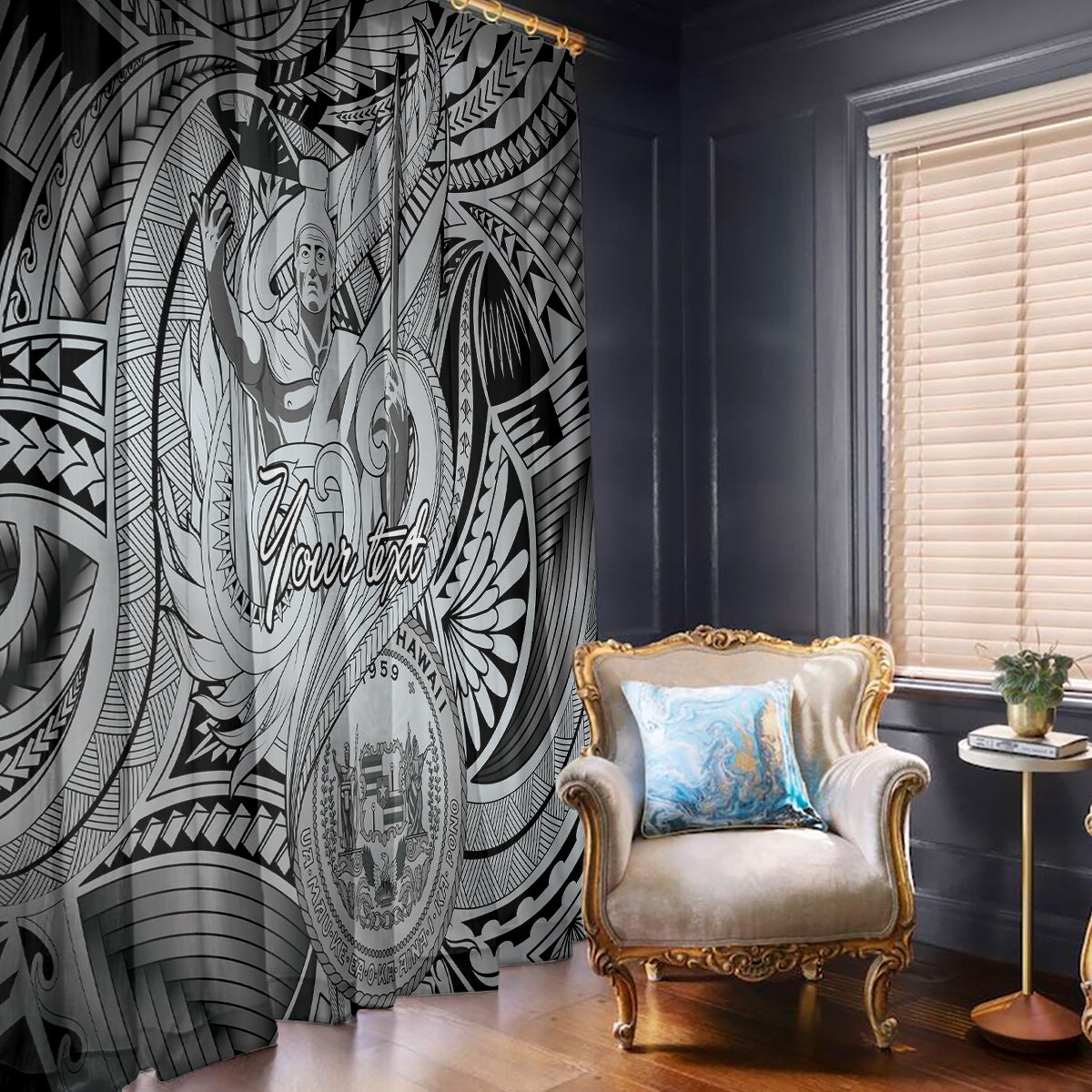 Personalised Aloha King Kamehameha Spirits Window Curtain Grey Special LT9 - Polynesian Pride