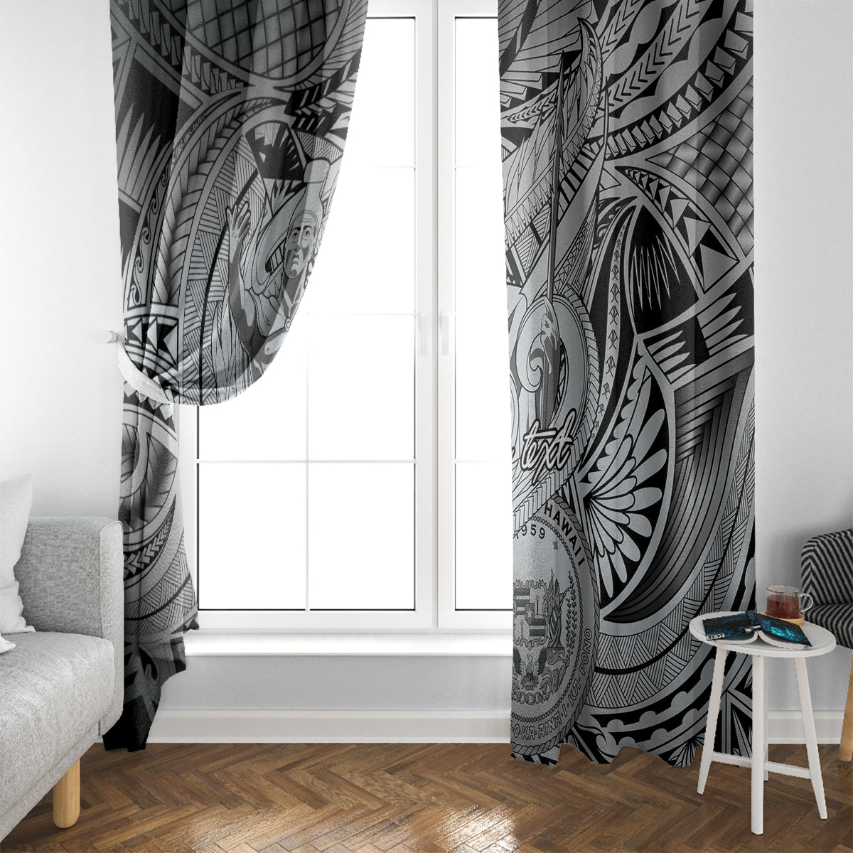 Personalised Aloha King Kamehameha Spirits Window Curtain Grey Special LT9 - Polynesian Pride