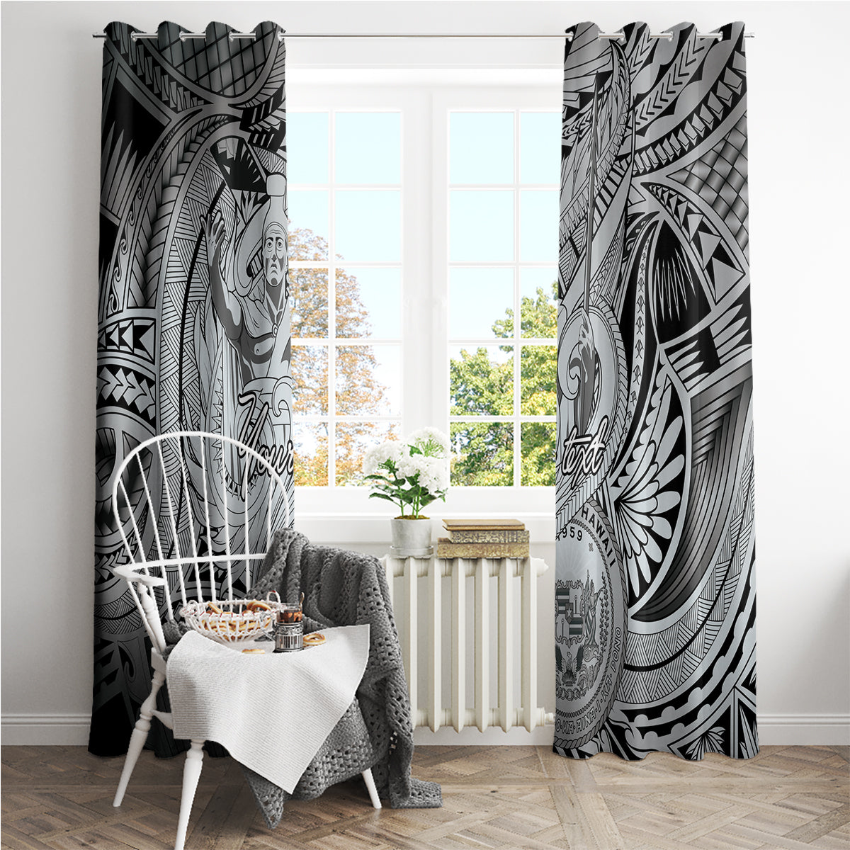 Personalised Aloha King Kamehameha Spirits Window Curtain Grey Special LT9 - Polynesian Pride