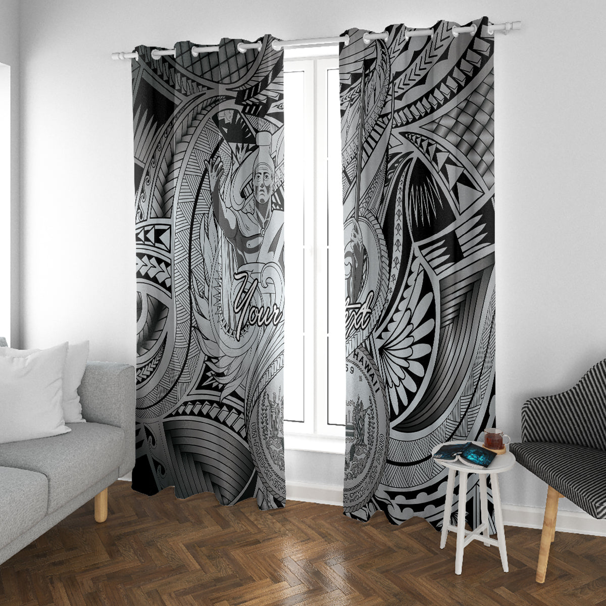 Personalised Aloha King Kamehameha Spirits Window Curtain Grey Special LT9 With Grommets Grey - Polynesian Pride
