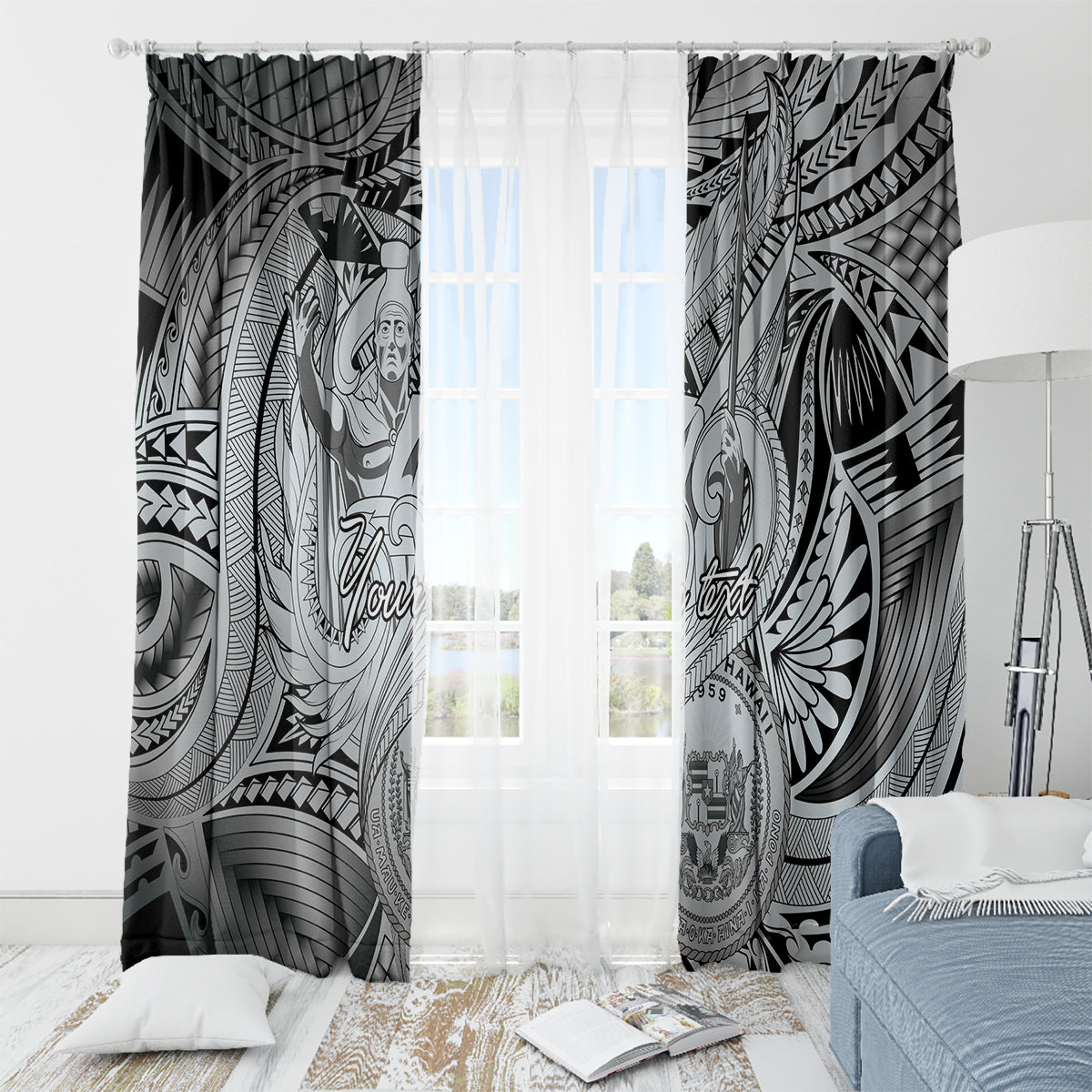 Personalised Aloha King Kamehameha Spirits Window Curtain Grey Special LT9 - Polynesian Pride