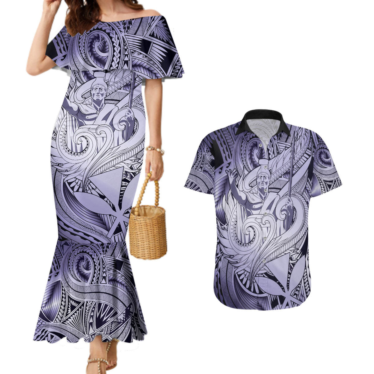 Personalised Aloha King Kamehameha Spirits Couples Matching Mermaid Dress and Hawaiian Shirt Violet Special LT9 Violet - Polynesian Pride