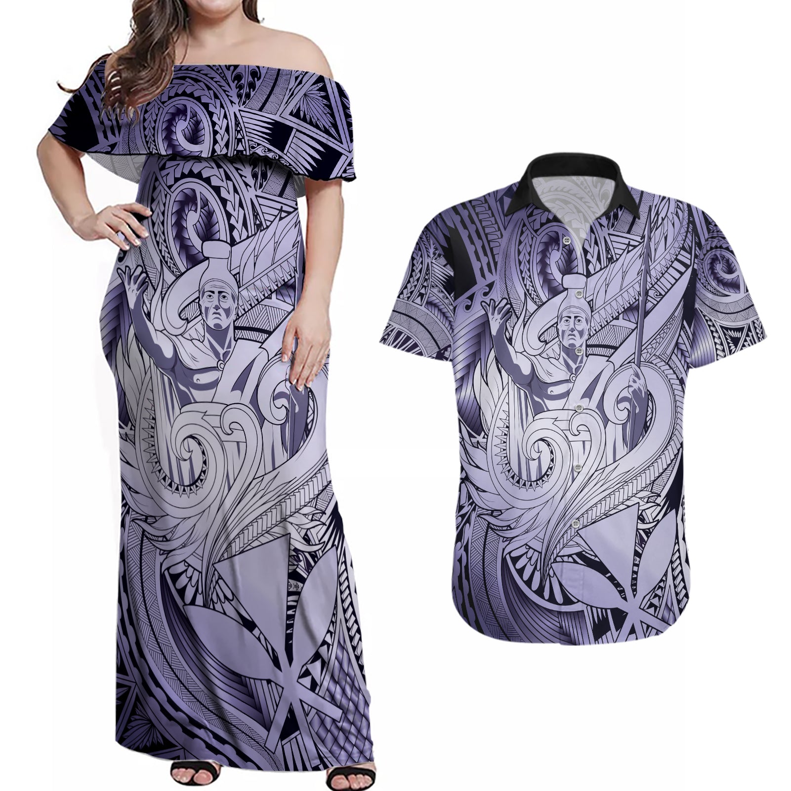 Personalised Aloha King Kamehameha Spirits Couples Matching Off Shoulder Maxi Dress and Hawaiian Shirt Violet Special LT9 Violet - Polynesian Pride