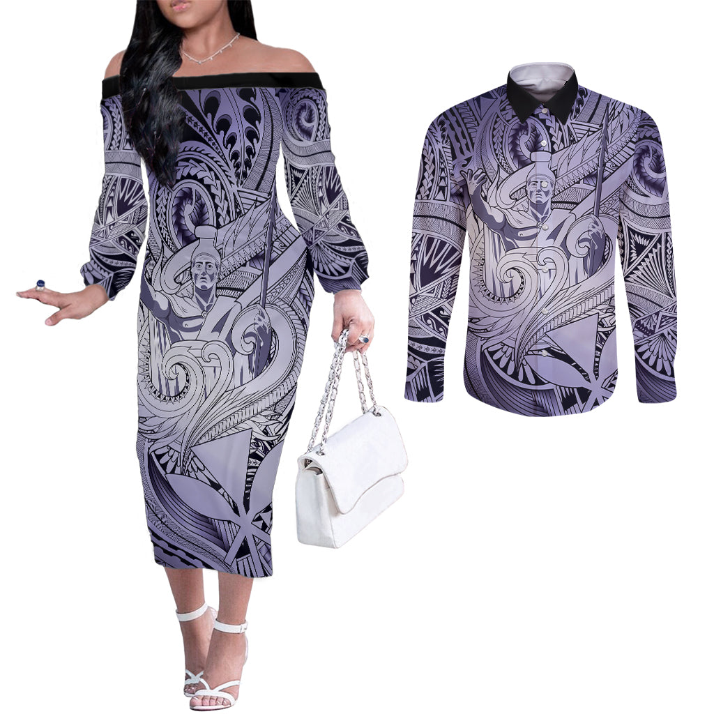 Personalised Aloha King Kamehameha Spirits Couples Matching Off The Shoulder Long Sleeve Dress and Long Sleeve Button Shirt Violet Special LT9 Violet - Polynesian Pride