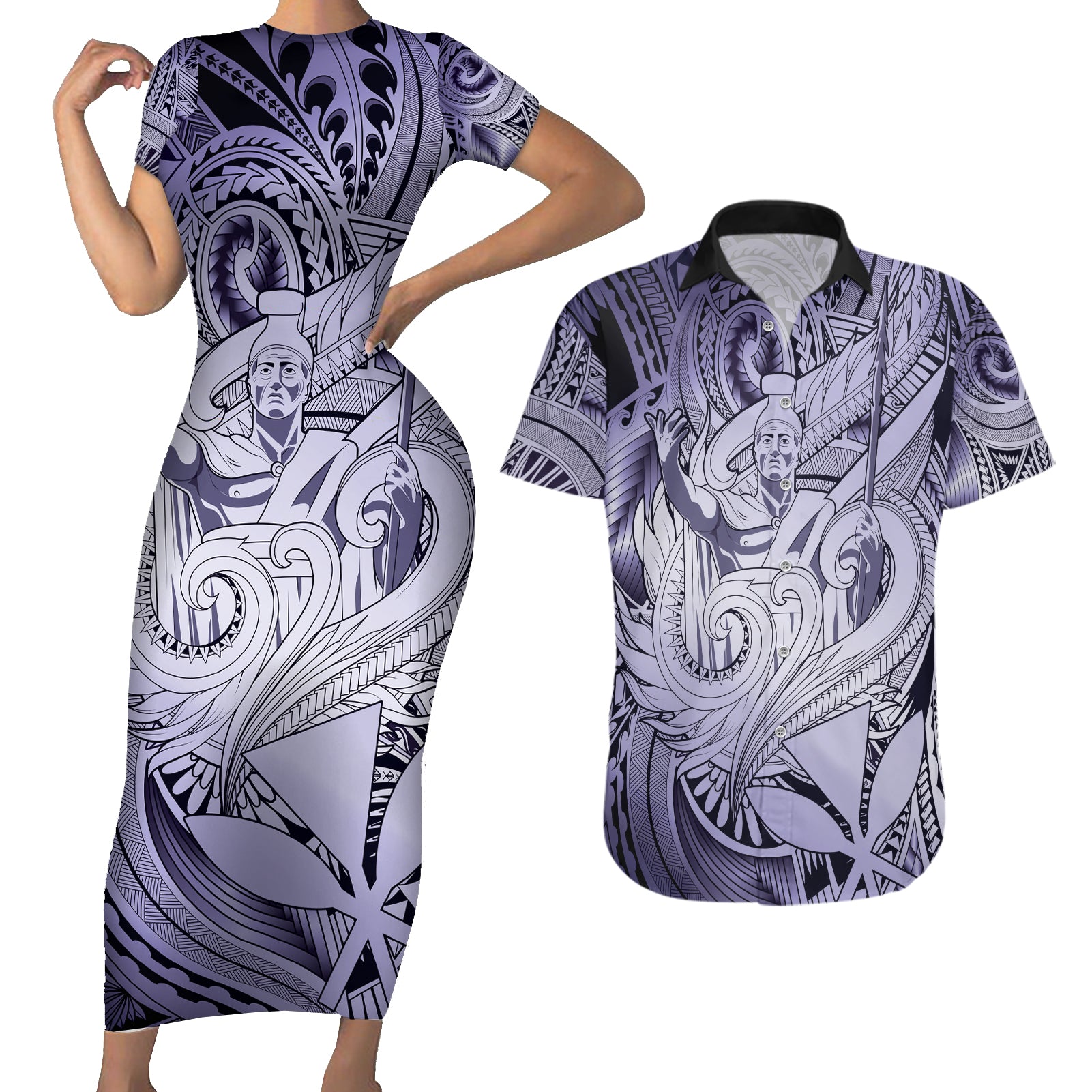 Personalised Aloha King Kamehameha Spirits Couples Matching Short Sleeve Bodycon Dress and Hawaiian Shirt Violet Special LT9 Violet - Polynesian Pride