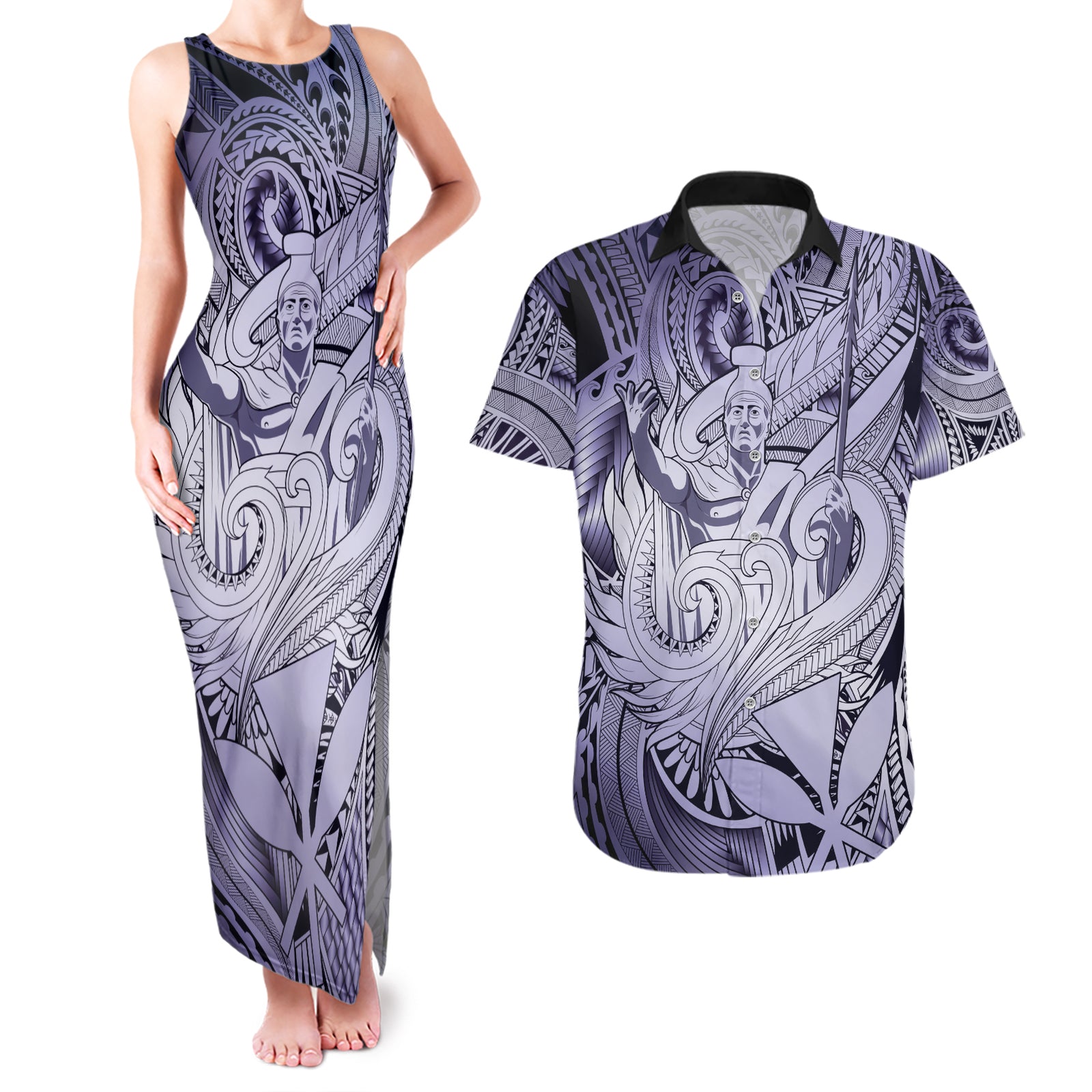 Personalised Aloha King Kamehameha Spirits Couples Matching Tank Maxi Dress and Hawaiian Shirt Violet Special LT9 Violet - Polynesian Pride