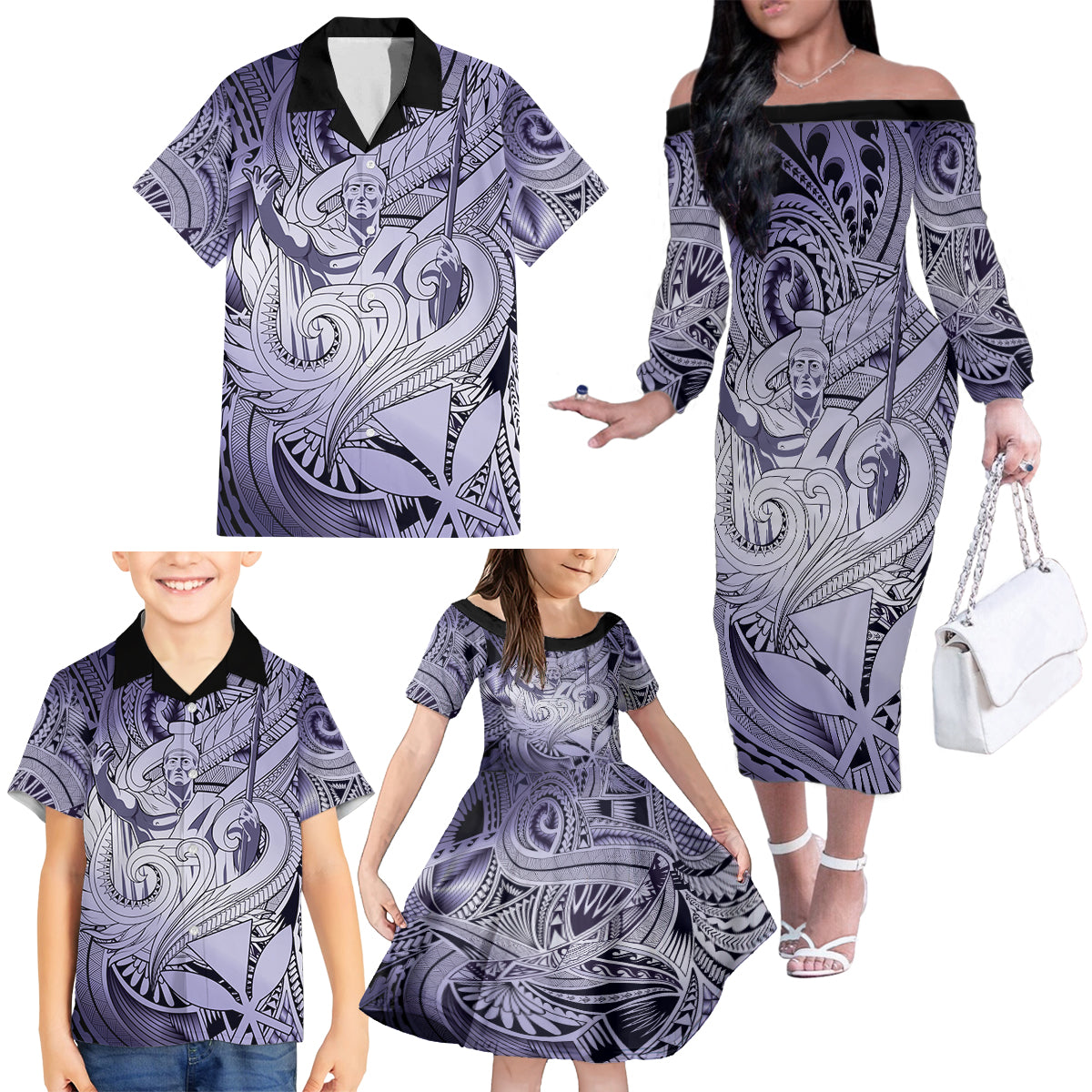 Personalised Aloha King Kamehameha Spirits Family Matching Off Shoulder Long Sleeve Dress and Hawaiian Shirt Violet Special LT9 - Polynesian Pride