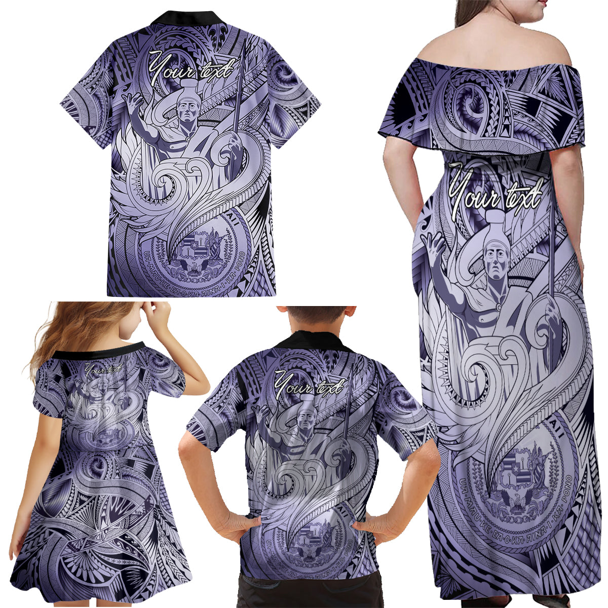 Personalised Aloha King Kamehameha Spirits Family Matching Off Shoulder Maxi Dress and Hawaiian Shirt Violet Special LT9 - Polynesian Pride