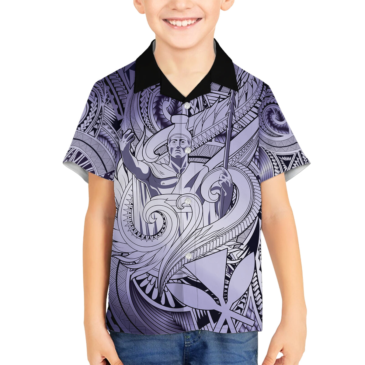 Personalised Aloha King Kamehameha Spirits Family Matching Off Shoulder Short Dress and Hawaiian Shirt Violet Special LT9 Son's Shirt Violet - Polynesian Pride
