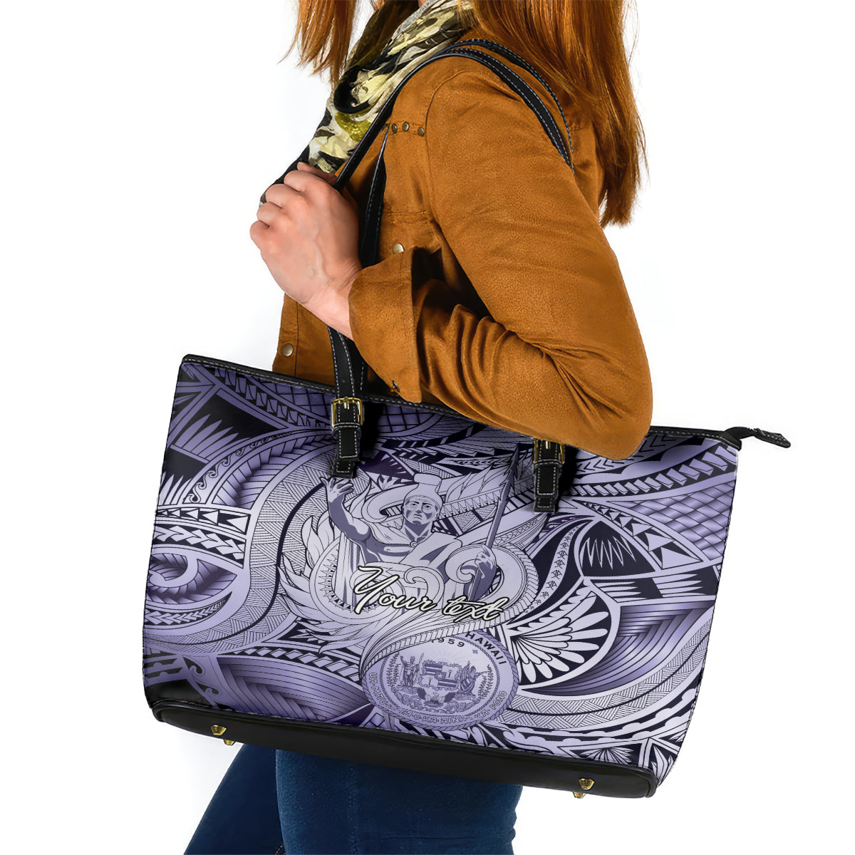 Personalised Aloha King Kamehameha Spirits Leather Tote Bag Violet Special LT9 Violet - Polynesian Pride