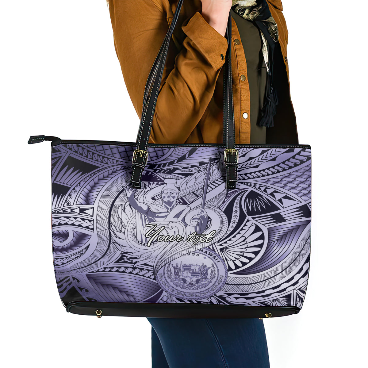 Personalised Aloha King Kamehameha Spirits Leather Tote Bag Violet Special LT9 - Polynesian Pride