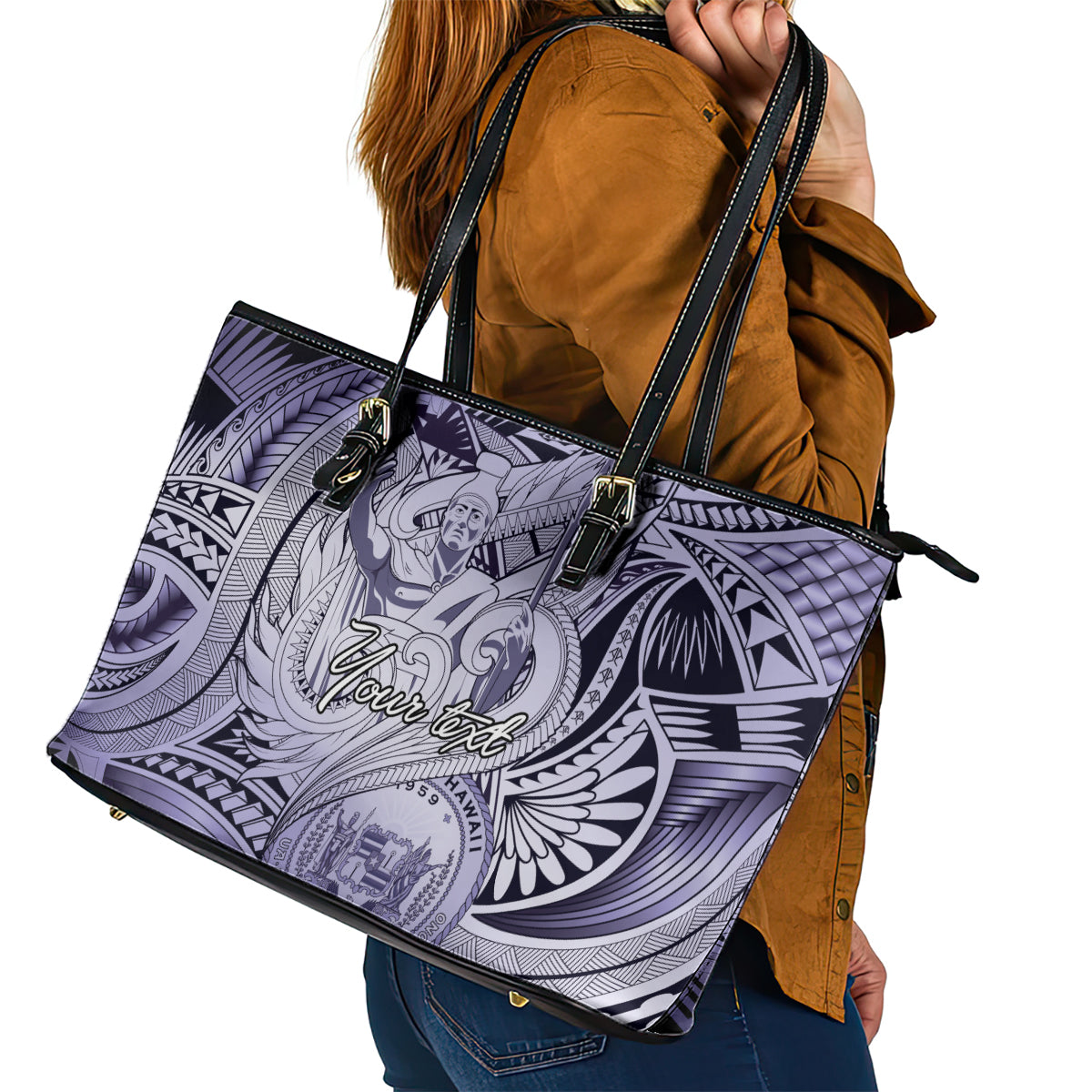 Personalised Aloha King Kamehameha Spirits Leather Tote Bag Violet Special LT9 - Polynesian Pride