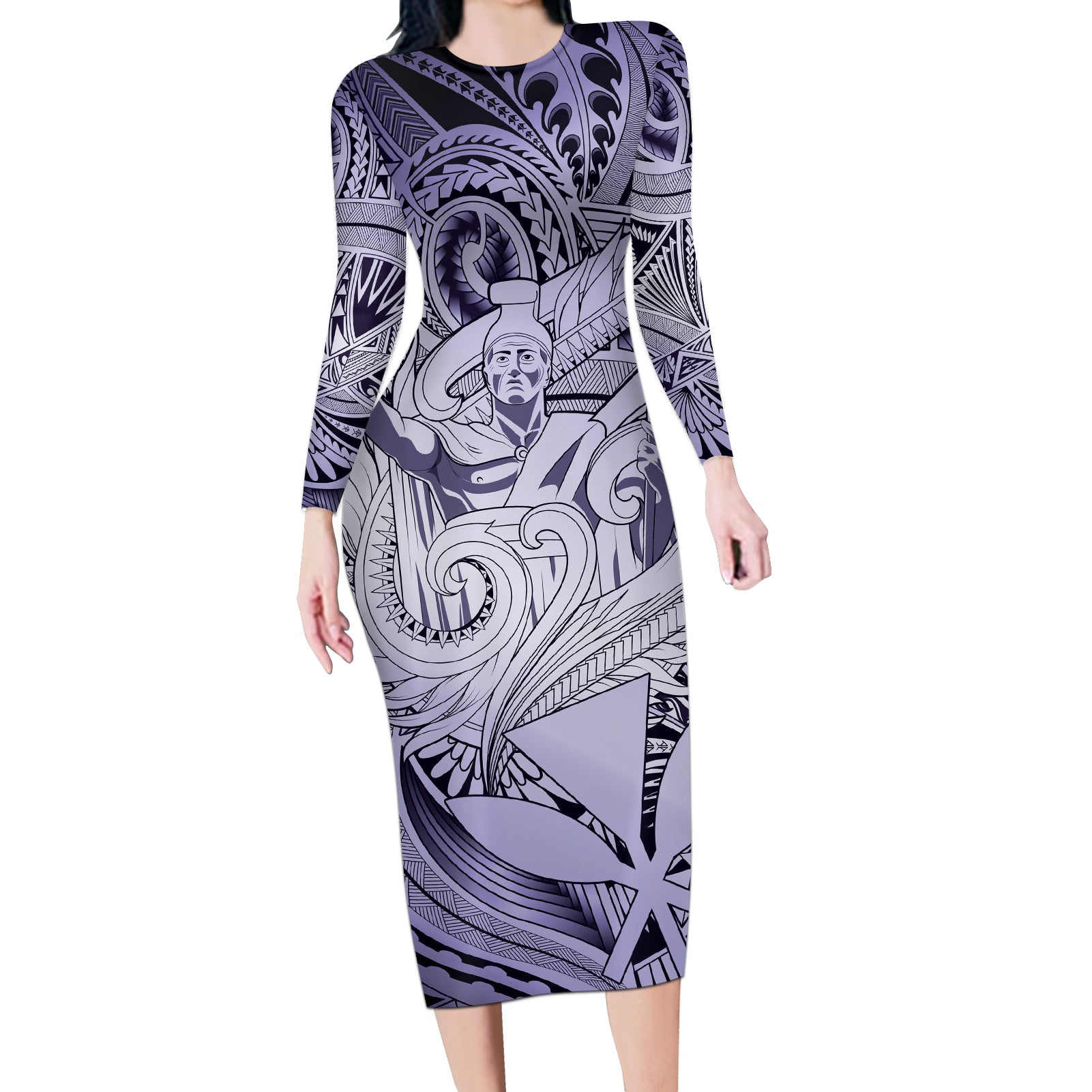 Personalised Aloha King Kamehameha Spirits Long Sleeve Bodycon Dress Violet Special LT9 Long Dress Violet - Polynesian Pride